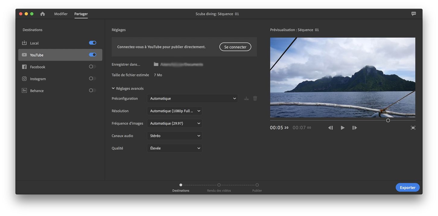 Espace de travail Partager de Premiere Rush