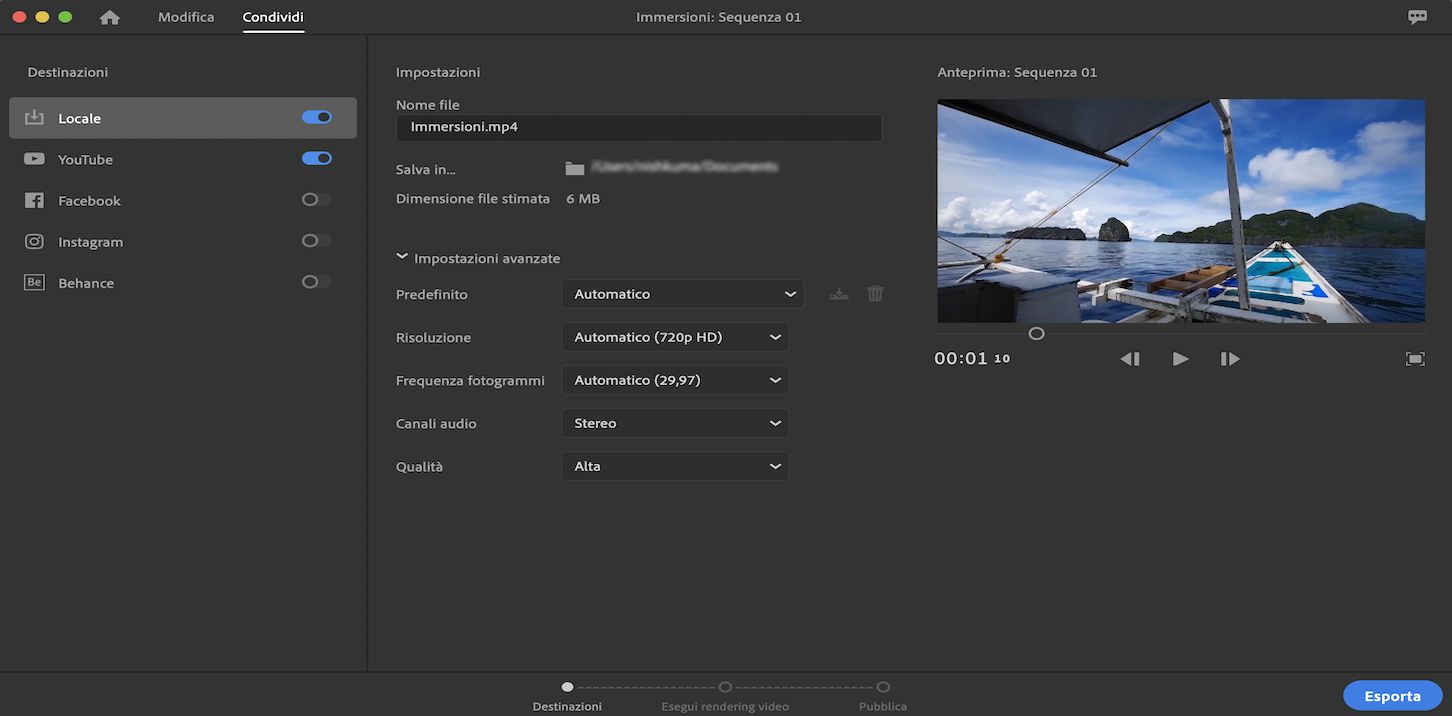 Area di lavoro di Premiere Rush Share