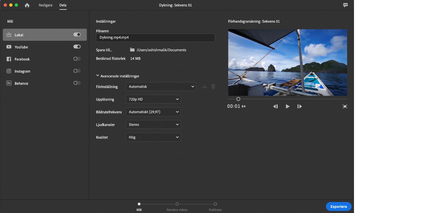 Arbetsytan Dela i Premiere Rush