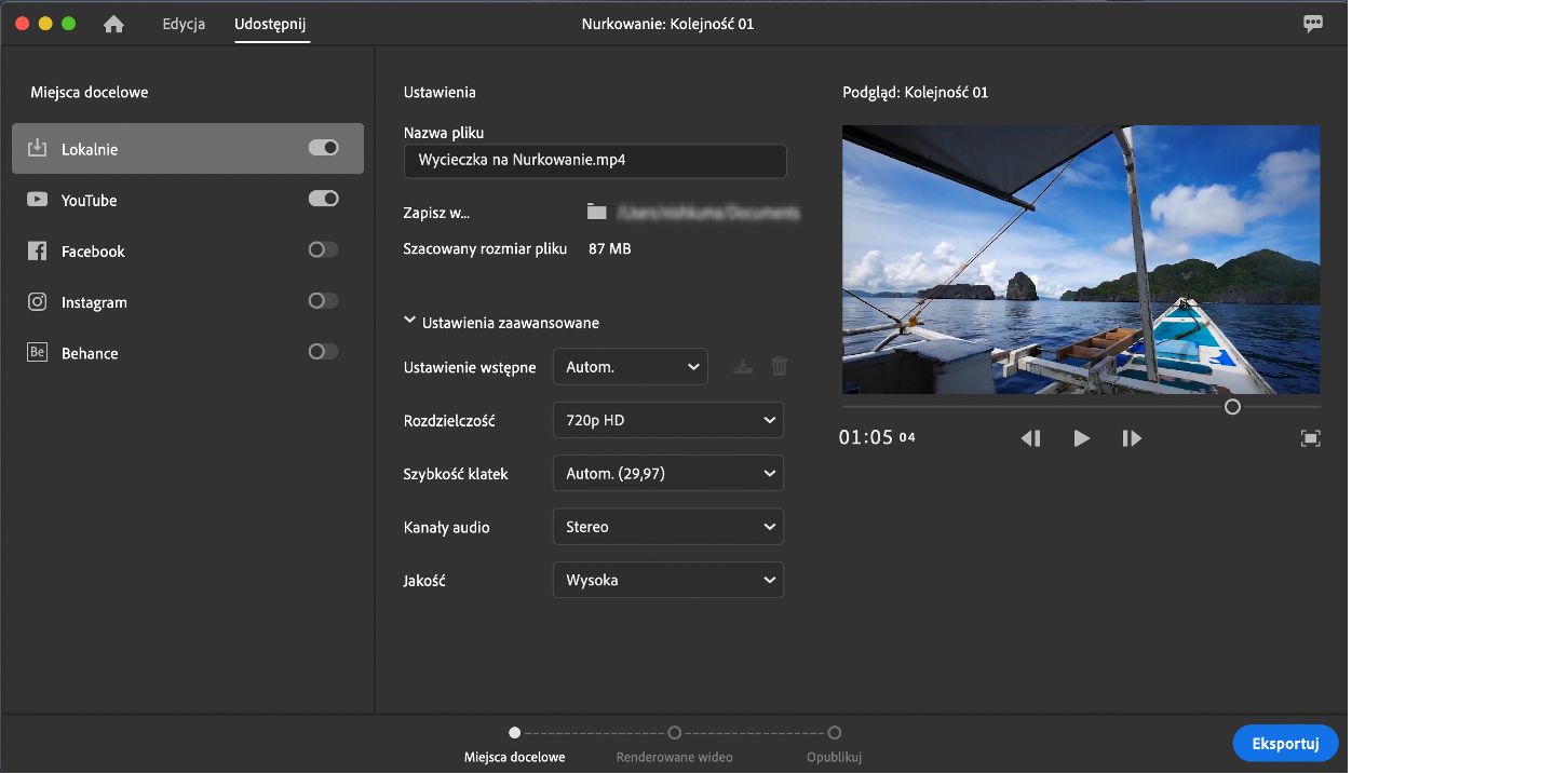Przestrzeń robocza Udostępnij programu Premiere Rush