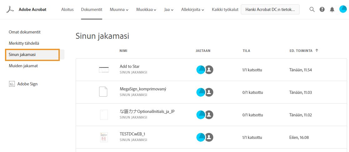 Jaetuille tiedostoille suoritettavat toiminnot