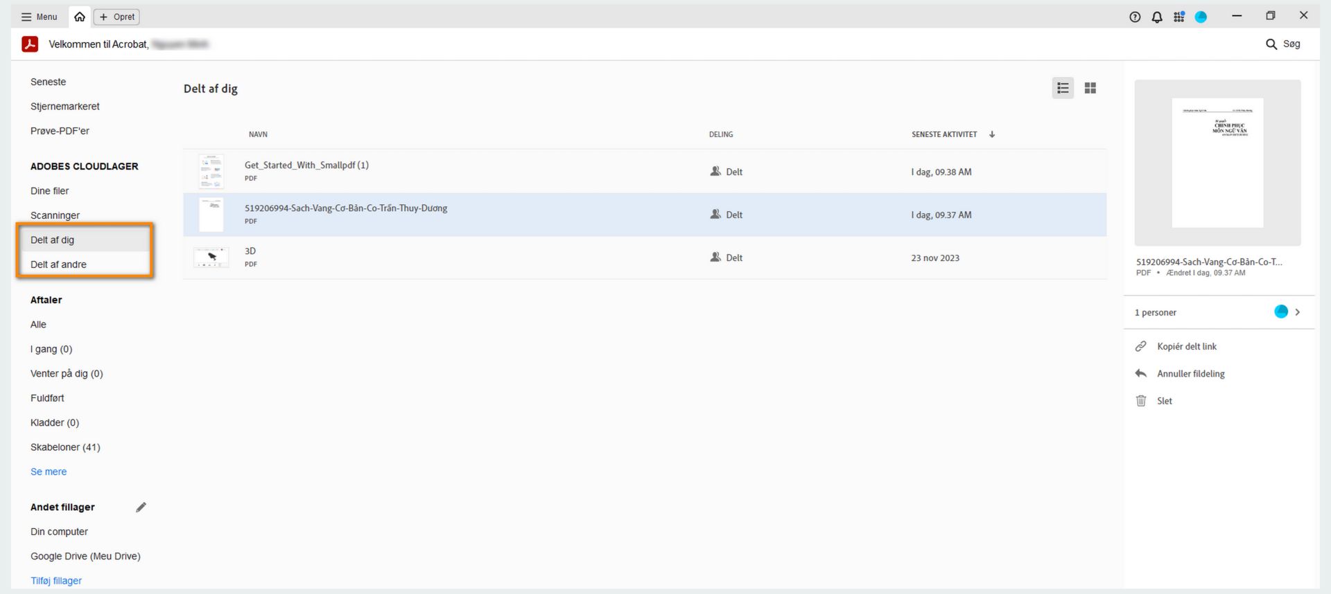 Vis delte og modtagne filer fra visningen Hjem, og udfør handlingerne på delte filer