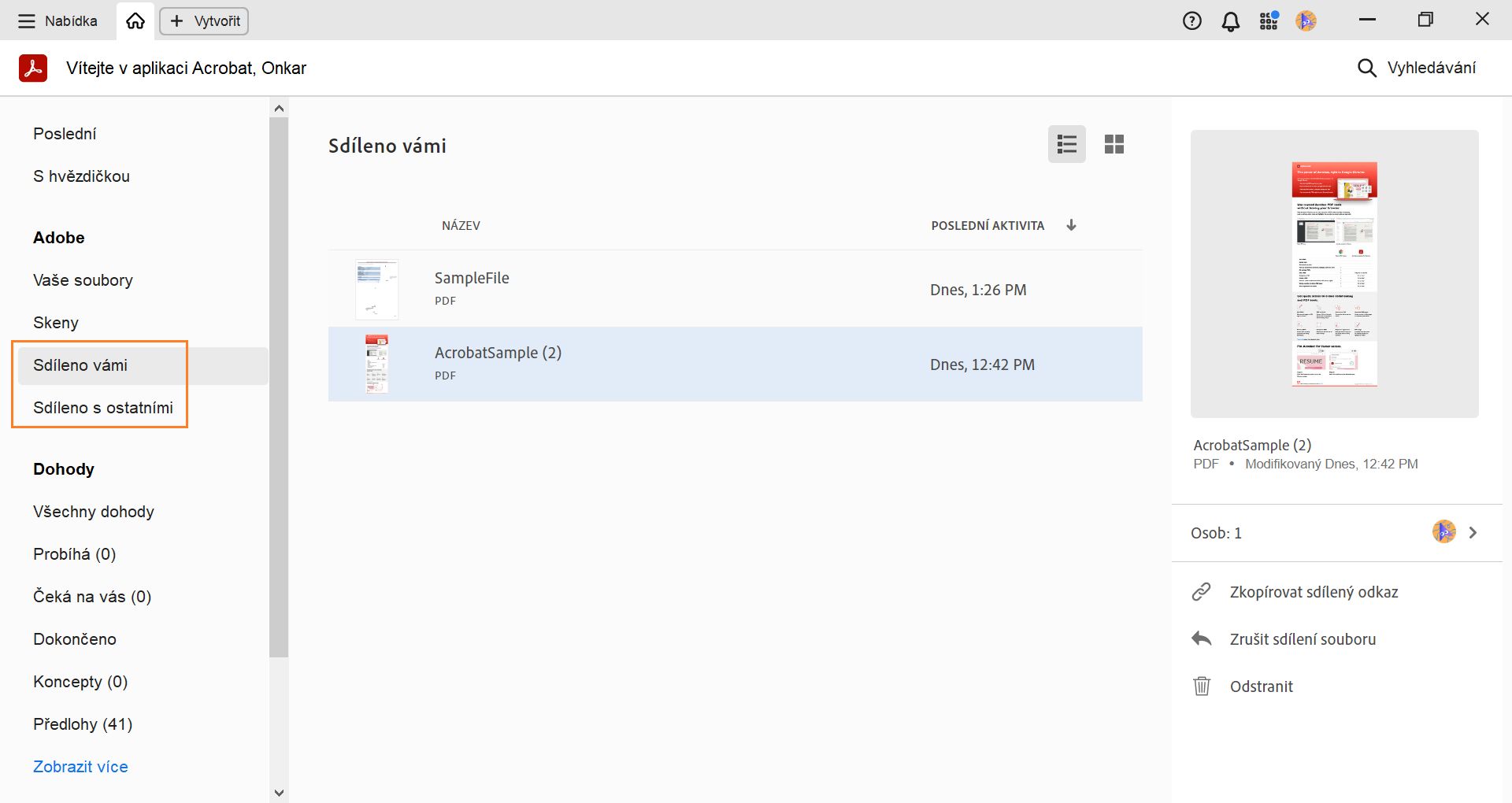 Zobrazení sdílených a přijatých souborů z obrazovky Domovská stránka a provádění operací se sdílenými soubory