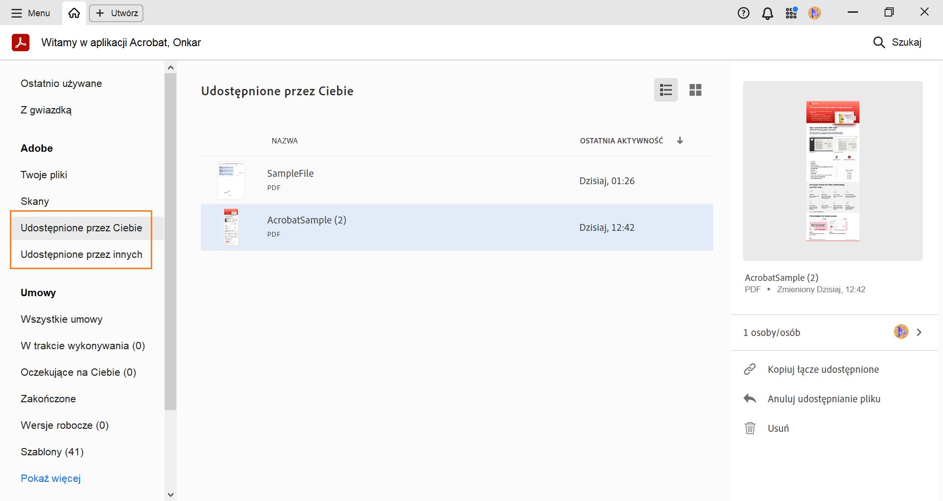 Wyświetlanie udostępnionych i odebranych plików z widoku strony głównej i wykonywanie operacji na udostępnionych plikach