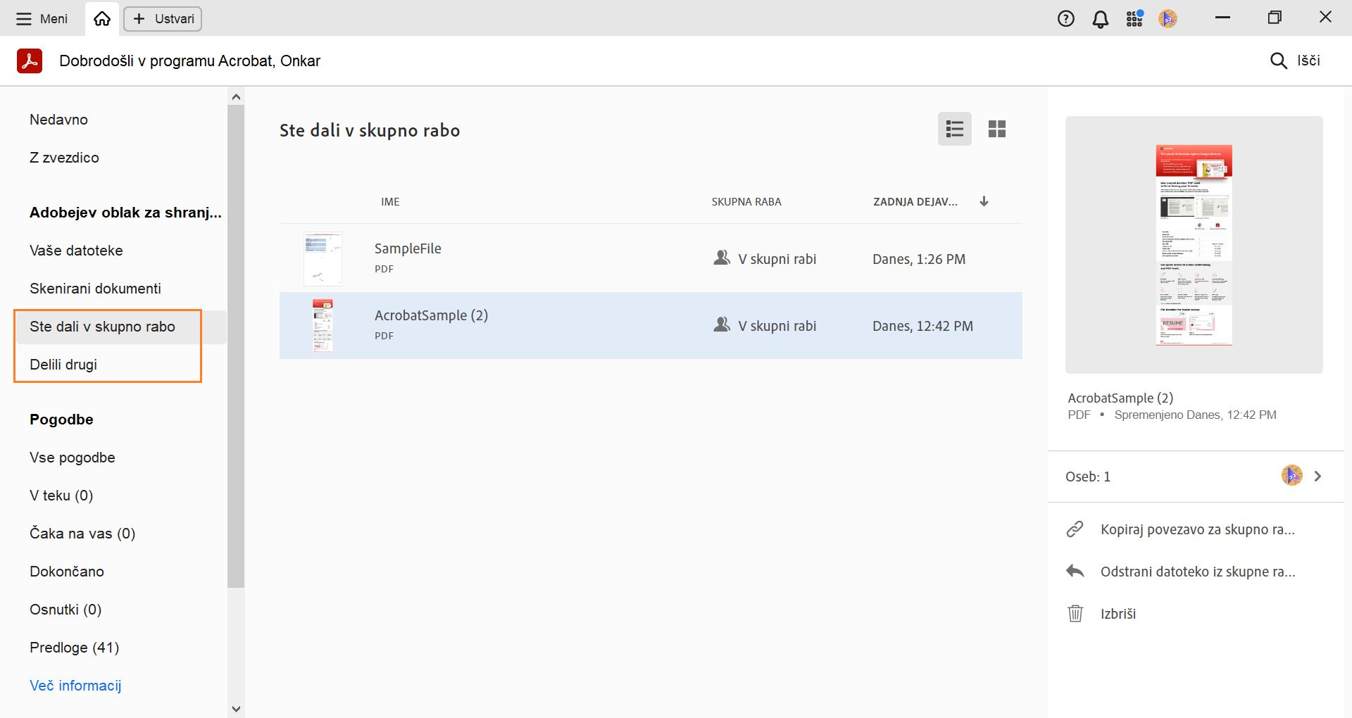 Oglejte si deljene in prejete datoteke v pogledu Domov in opravite delo z deljenimi datotekami