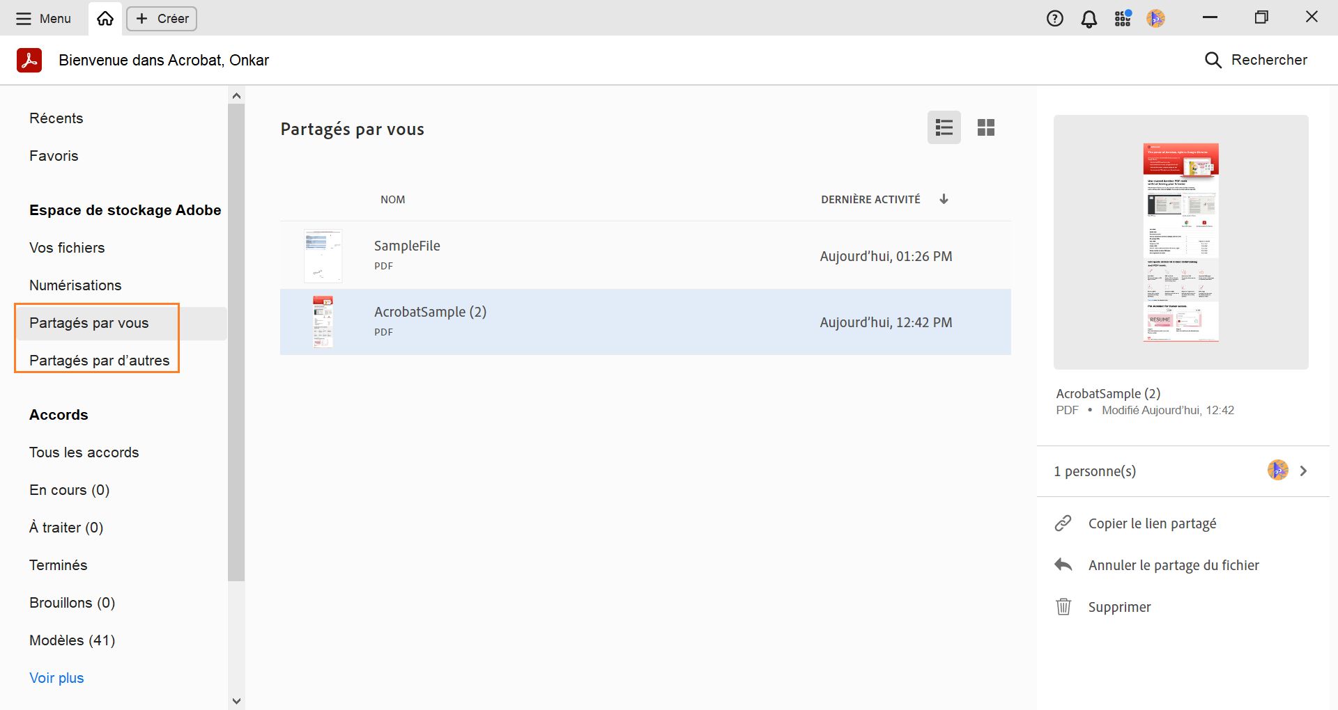 Affichage des fichiers partagés et reçus à partir de la vue Accueil et exécution d’opérations sur les fichiers partagés