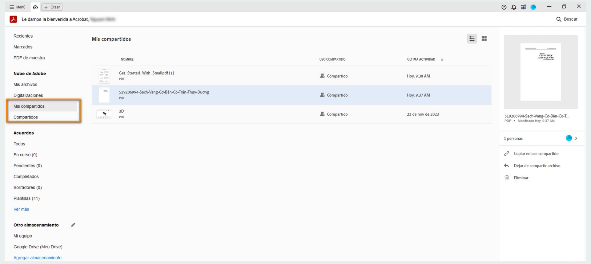 Ver archivos compartidos y recibidos desde la vista Inicio y realizar las operaciones en los archivos compartidos