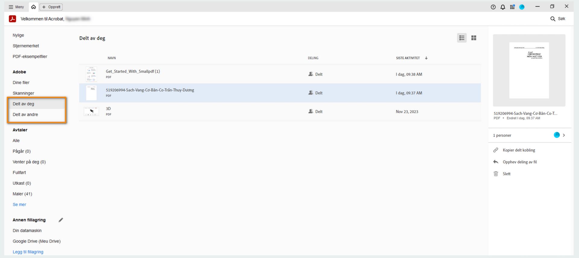Vis delte og mottatte filer fra Hjem-visningen, og utfør handlingene på delte filer