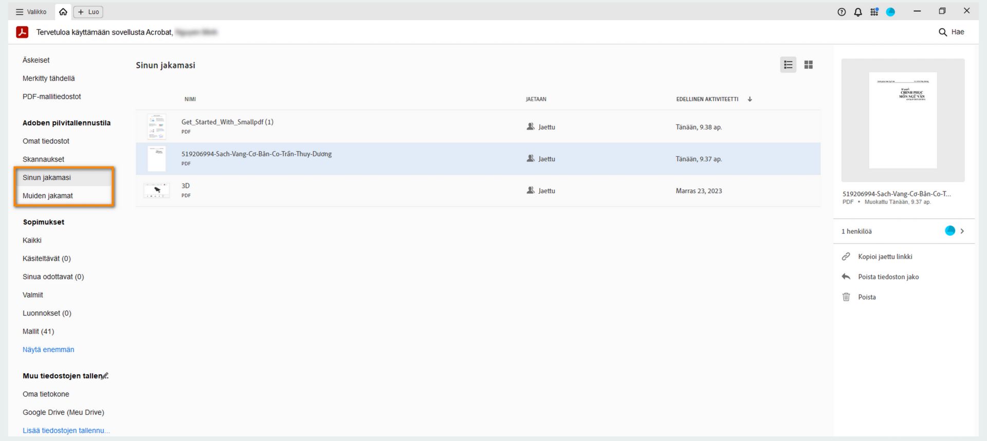 Näytä jaetut ja vastaanotetut tiedostot aloitusnäkymässä ja tee toimia jaetuille tiedostoille