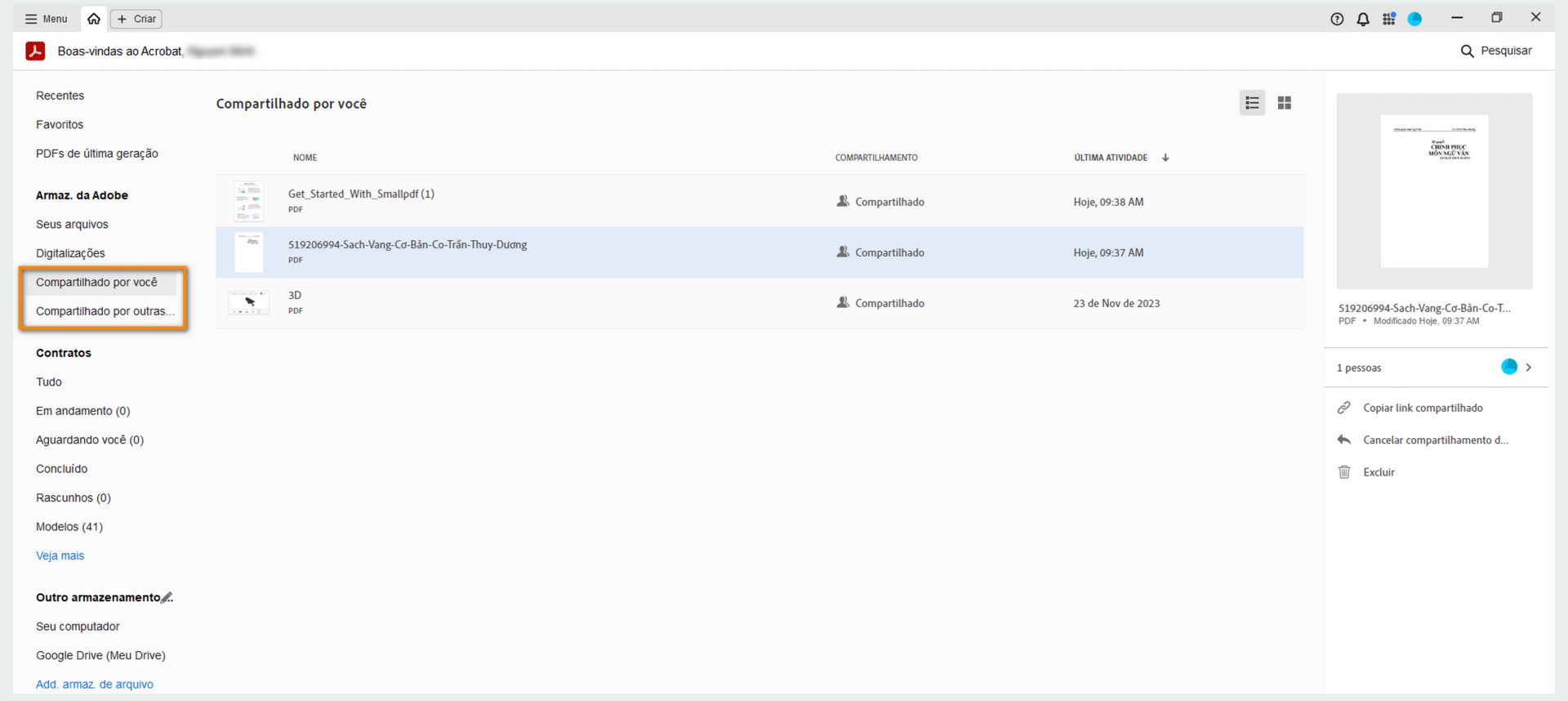 Visualize arquivos compartilhados e recebidos na exibição da página inicial e realize operações nesses arquivos
