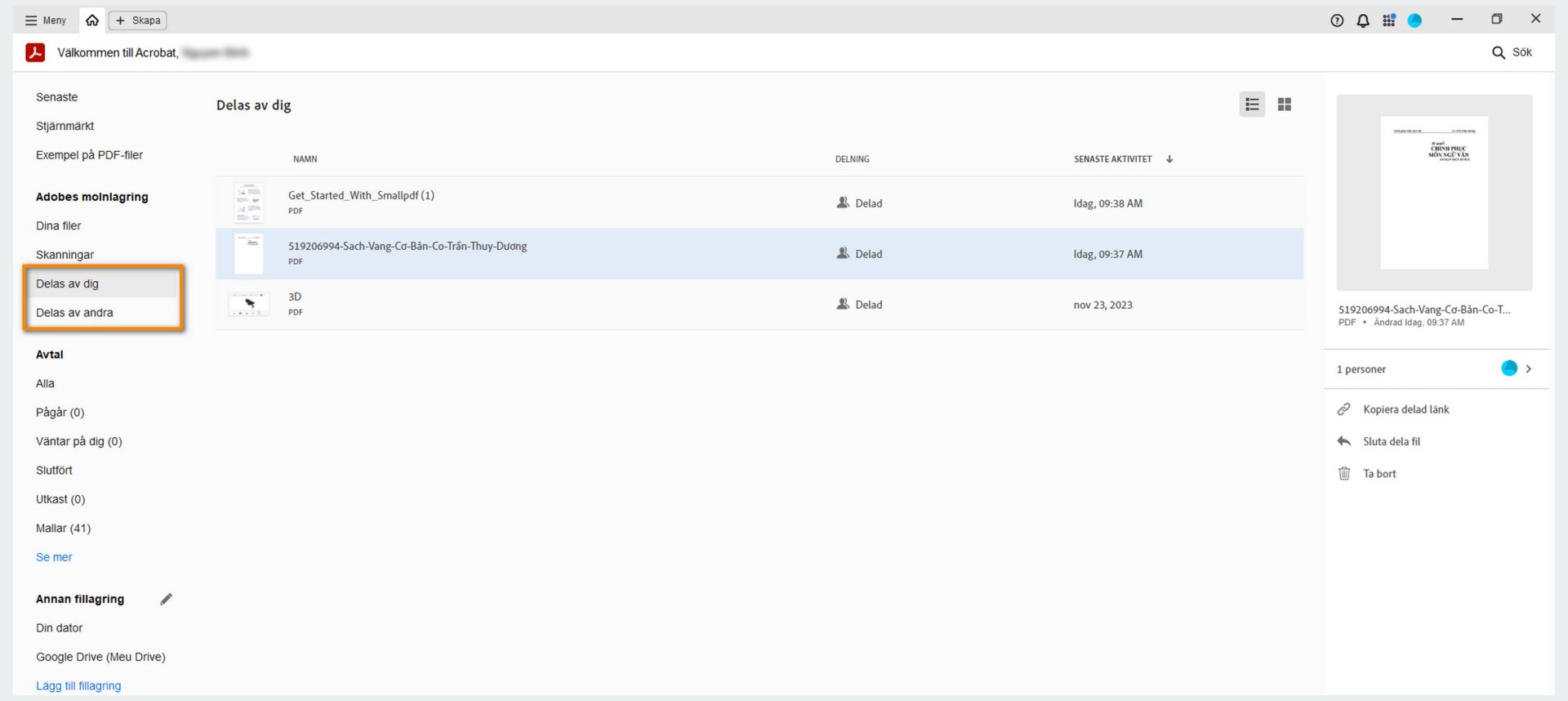 Visa delade och mottagna filer från hemvyn och utför åtgärderna på delade filer
