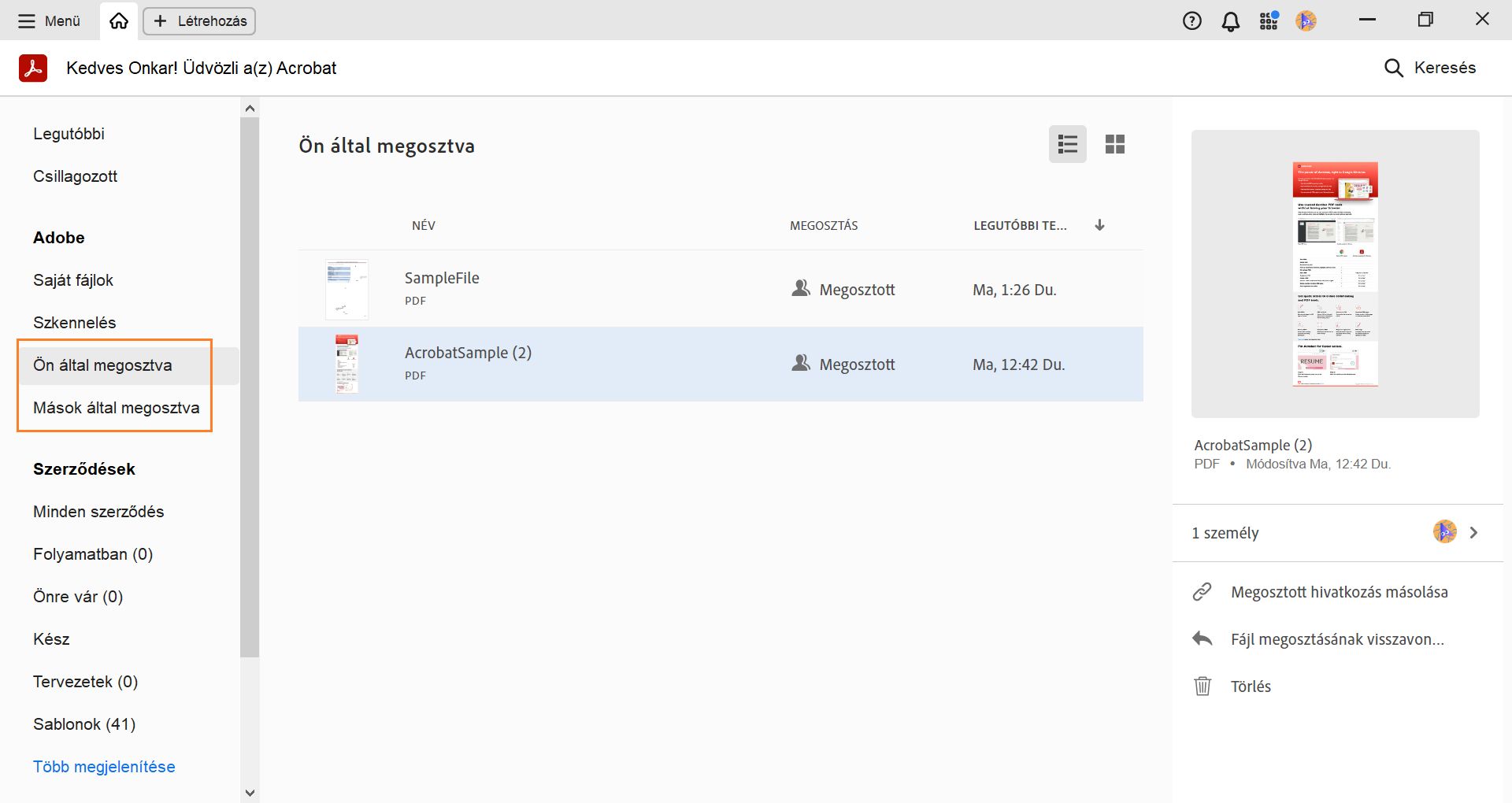Megosztott és fogadott fájlok megtekintése a Kezdőlap nézetből, és műveletek végrehajtása a megosztott fájlokon