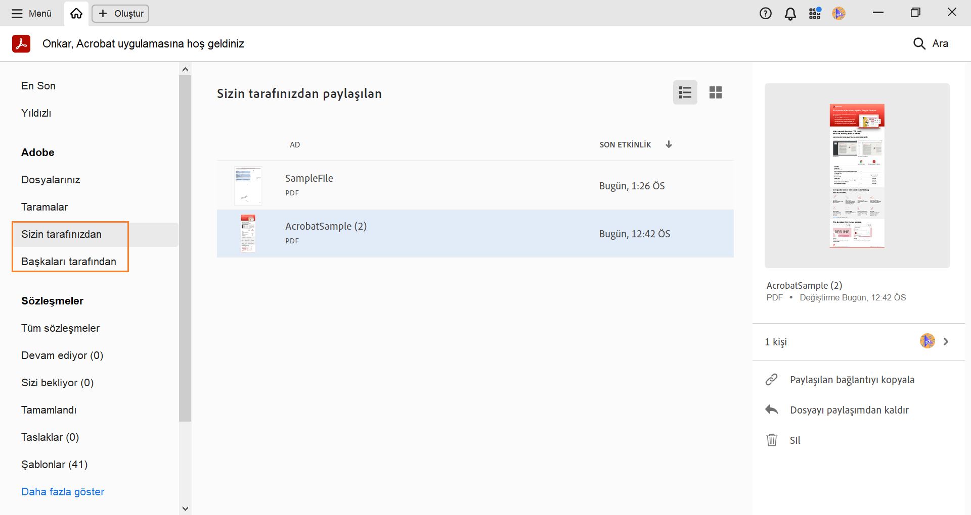 Paylaşılan ve alınan dosyaları Ana Sayfa görünümünden görüntüleyin ve paylaşılan dosyalar üzerinde işlemler gerçekleştirin