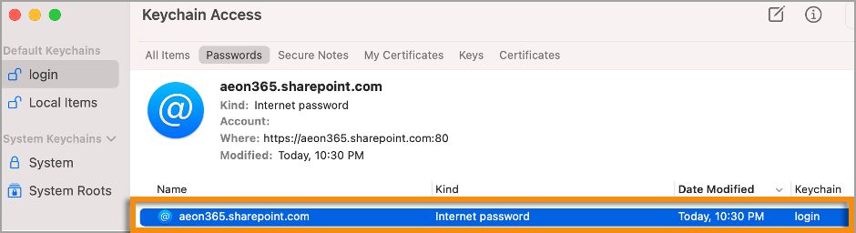 Wpis witryny SharePoint w aplikacji Keychain Access w systemie macOS
