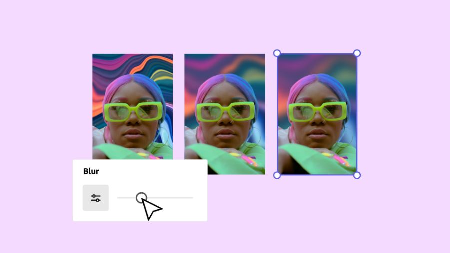 Three images of a woman side-by-side each being edited to blur the background at different levels