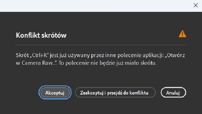 Okno dialogowe Konflikt skrótów umożliwia rozwiązywanie konfliktów związanych ze skrótami.