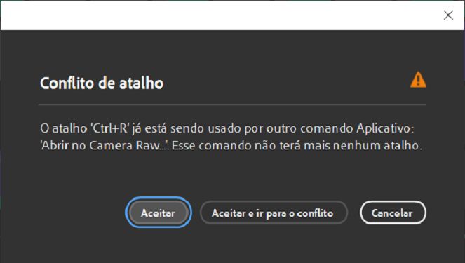 Use a caixa de diálogo Conflito de atalho para resolver conflitos relacionados a atalhos.