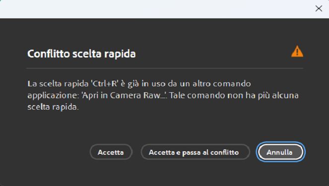 Utilizzate la finestra di dialogo Conflitto di scelte rapide per risolvere i conflitti relativi alle scelte rapide.