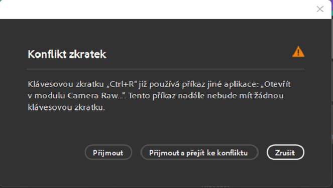 Pomocí dialogového okna Konflikt zkratek vyřešte konflikty související s klávesovými zkratkami.