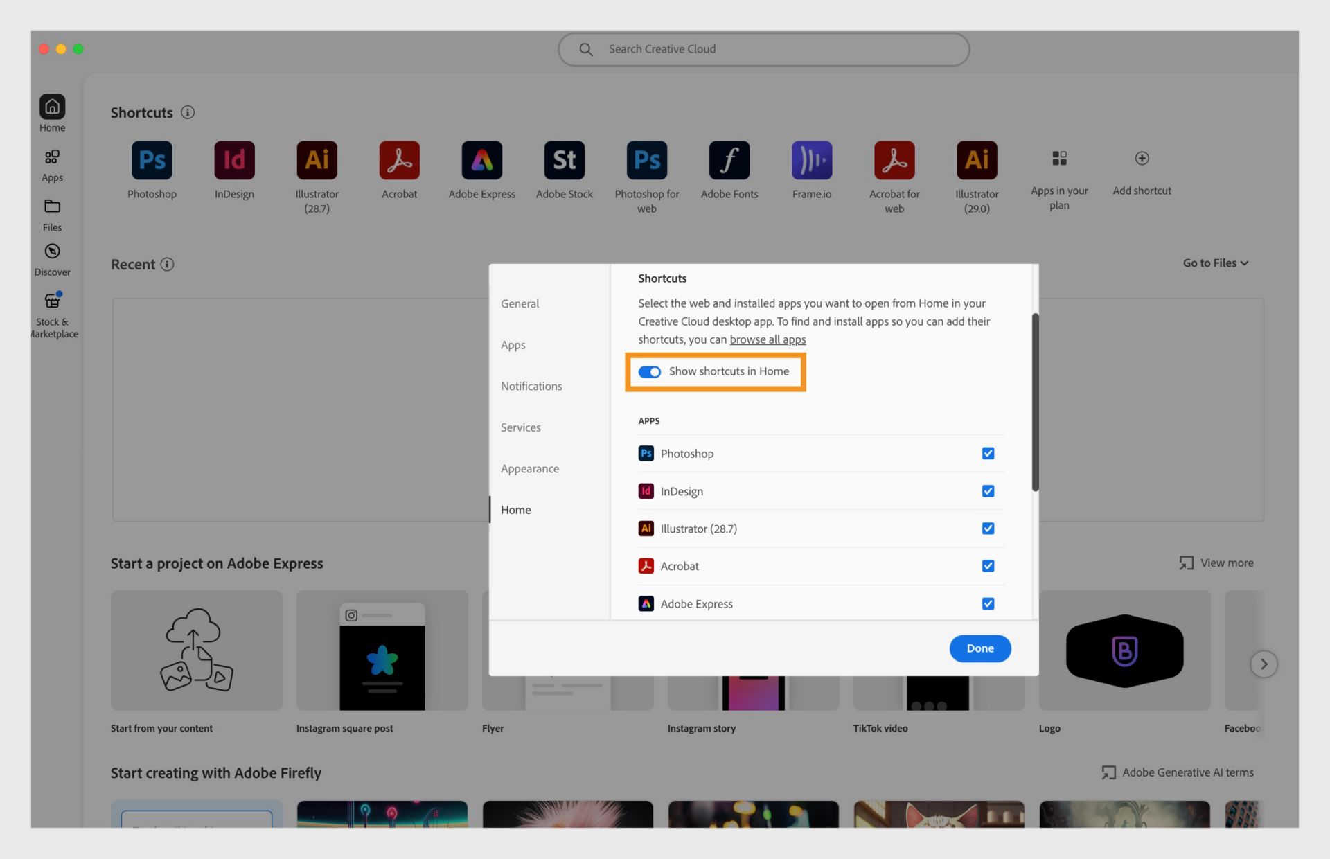 Slå Vis genveje i Hjem til, og vælg derefter enkelte apps, hvis du foretrækker det.