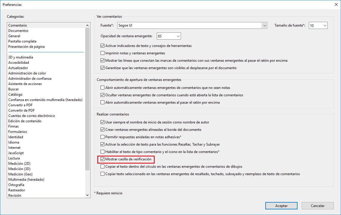 Mostrar casilla de verificación