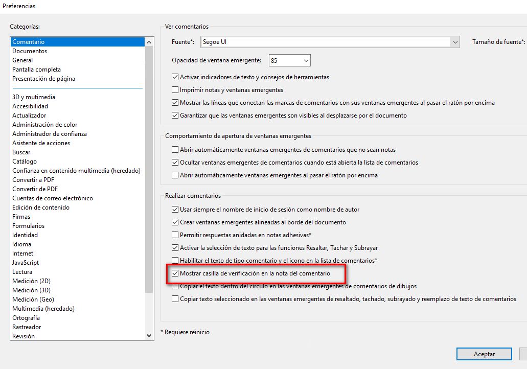 Mostrar casilla de verificación