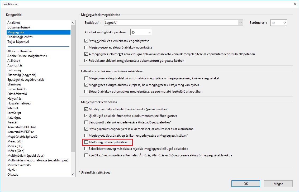 Jelölőnégyzet megjelenítése