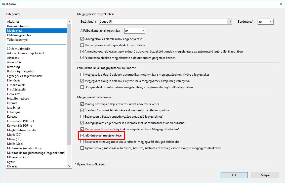 Jelölőnégyzet megjelenítése