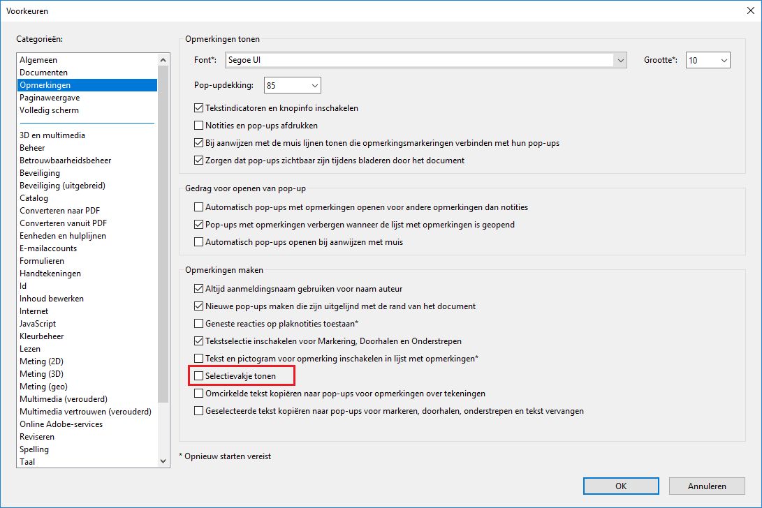 Selectievakje weergeven