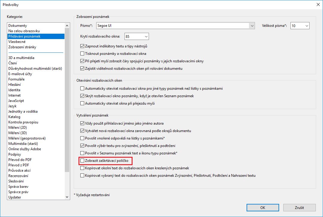 Možnost Zobrazit zaškrtávací políčko