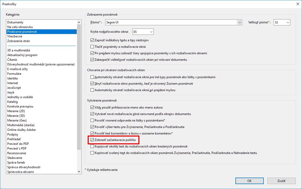 Zobraziť začiarkavacie políčko