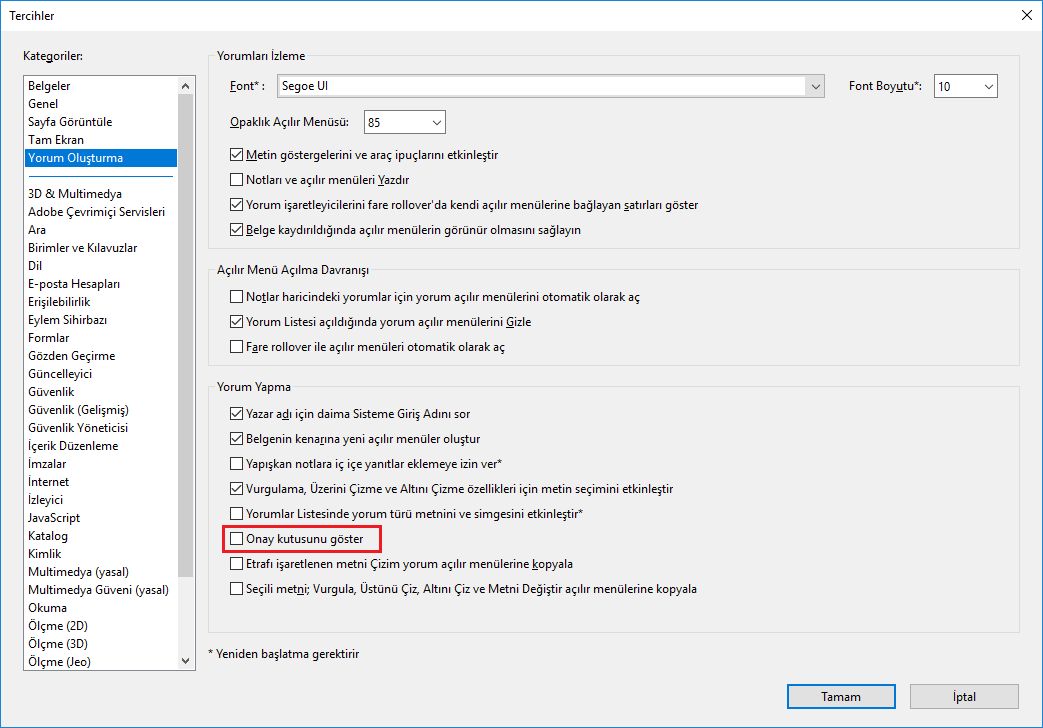 Onay kutusunu göster
