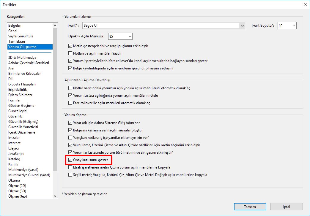 Onay kutusunu göster