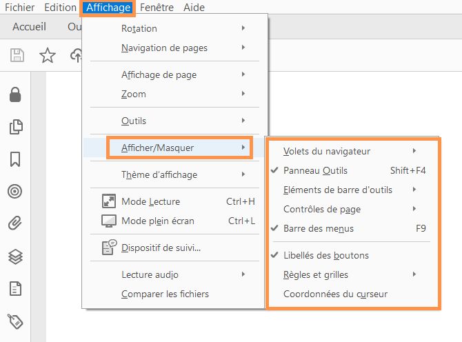 Afficher ou masquer les éléments de menu