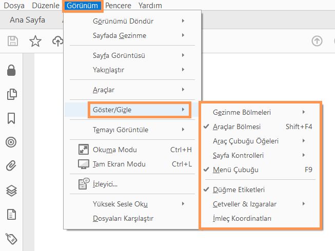 Menü öğelerini Göster veya Gizle
