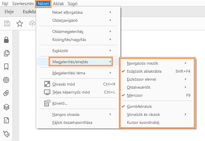 Menüelemek megjelenítése és elrejtése