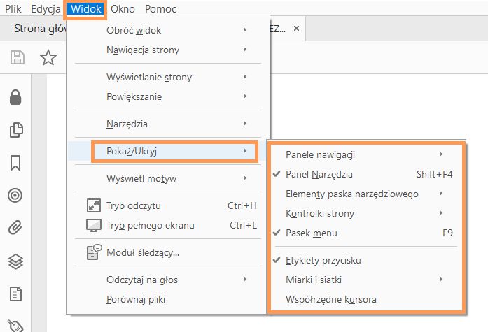 Pokaż lub Ukryj elementy menu