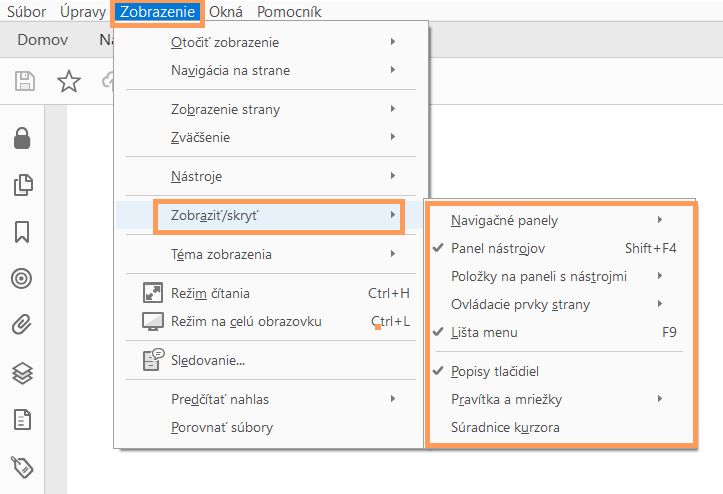 Zobraziť alebo skryť položky ponuky