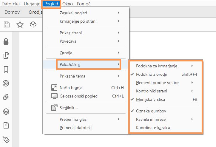 Prikaz ali skrivanje elementov menija