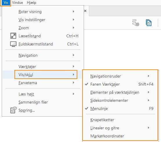 Vis eller skjul menupunkter