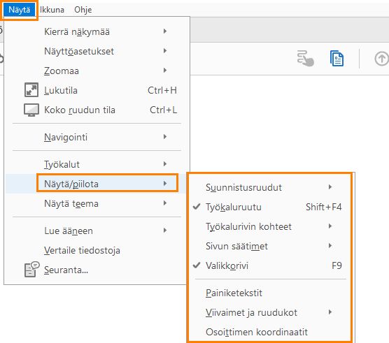 Näytä tai piilota valikkoelementit