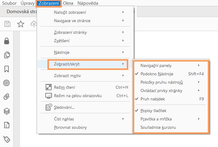 Zobrazení nebo skrytí prvků nabídky