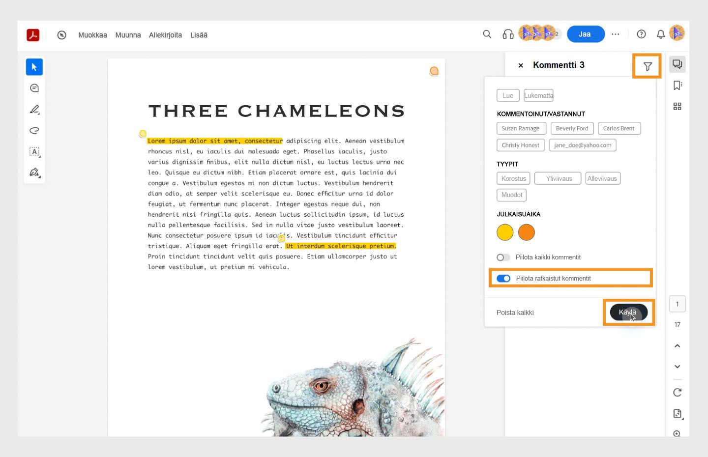 Näytä tai piilota valittu kommentti -vaihtoehto näkyy kommenttiruudussa