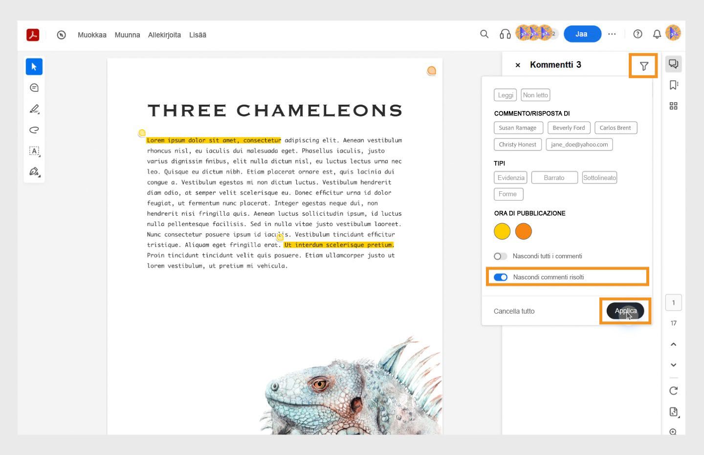 Opzione Mostra o nascondi commento selezionato visualizzata nel pannello Commenti