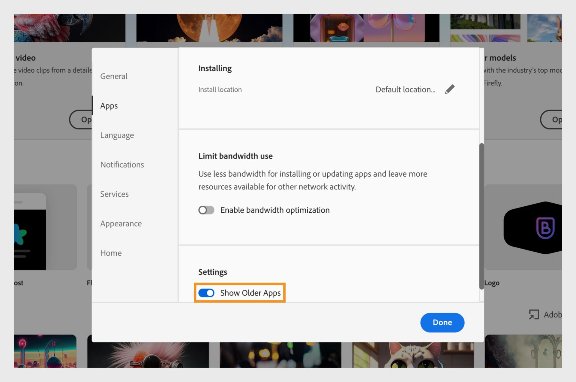 Asetukset-ikkunan Sovellukset-välilehdellä on vaihtoehto, jolla Creative Cloud -sovellus voi näyttää vanhemmat sovellusversiot. 