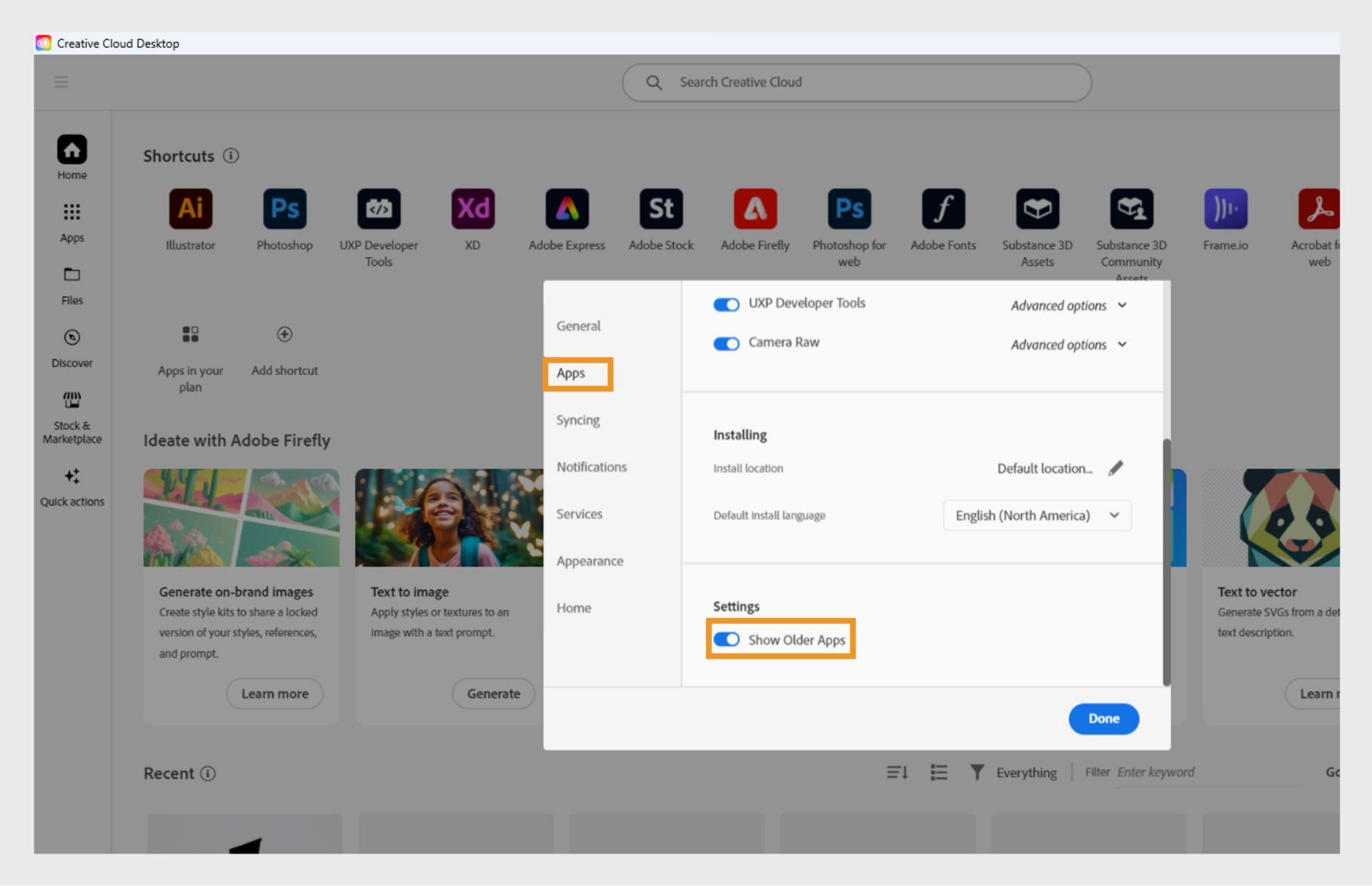 Show older apps option.