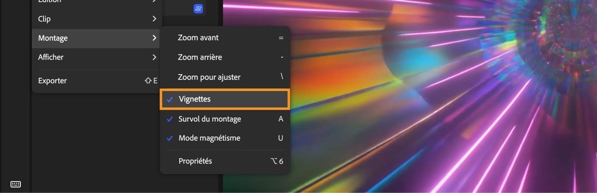 L’éditeur affiche le menu Montage avec l’option Vignettes mise en évidence qui permet d’activer ou de désactiver l’aperçu des clips.