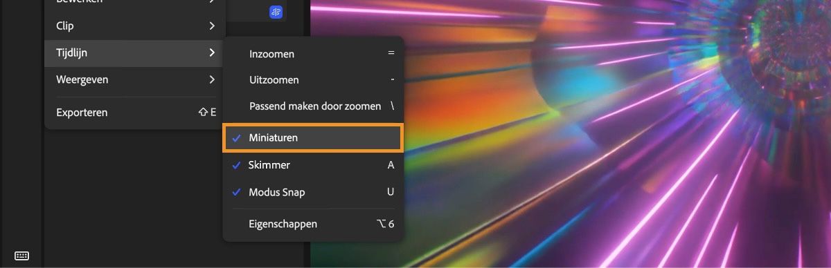 Editor toont het menu Tijdlijn met een markering boven de optie Miniaturen, die wordt gebruikt om voorvertoningen van clips in of uit te schakelen.