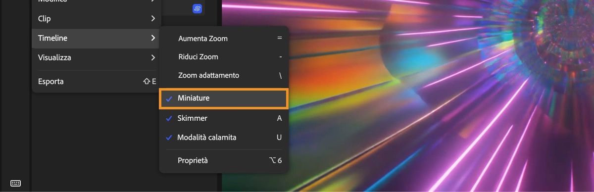 L'editor mostra il menu Timeline con un'evidenziazione sull'opzione Miniature, utilizzata per attivare/disattivare le anteprime delle clip.