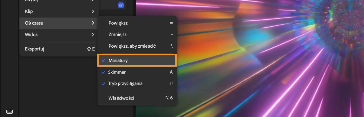 Edytor wyświetla menu osi czasu z podświetloną opcją miniatur, służącą do przełączania podglądu klipów.